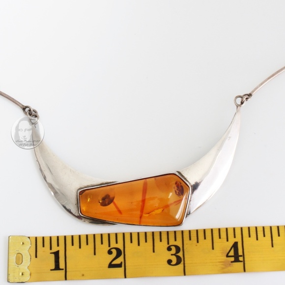 Vintage Necklace with Amber Pendant Abstract Artisan Silver Metal 90s Statement - Picture 6 of 8